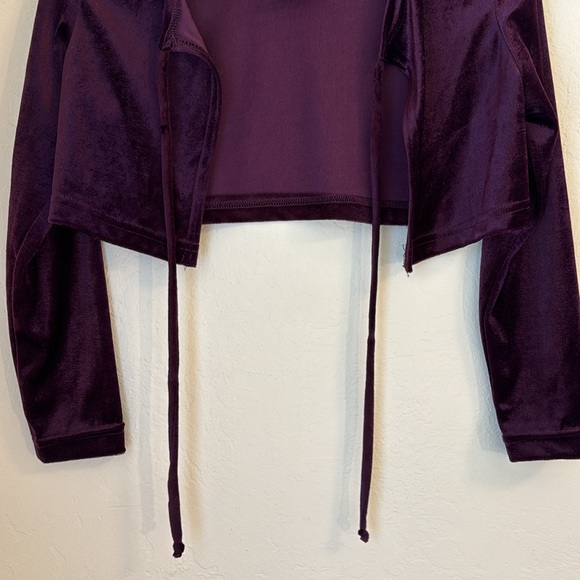 Y2K Purple Velvet long Sleeve Tie Front Shrug Cropped Top - Picture 5 of 6